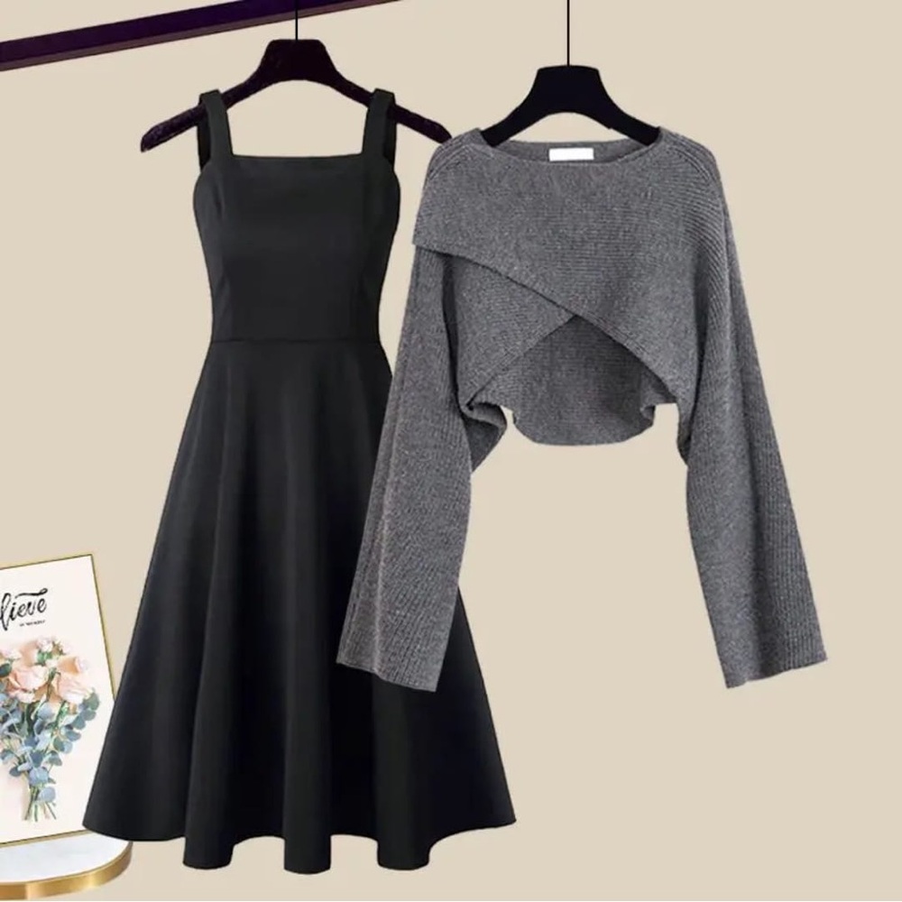 Elegant Black Dress with Gray Sweater